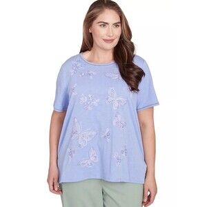 Alfred Dunner Iris Blue Embroidered Butterfly Design Rhinestone Accents L
